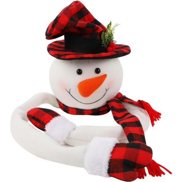 Large Plush Snowman Tree Topper - Red & Black Plaid Hat & Scarf - Picture 6 of 7